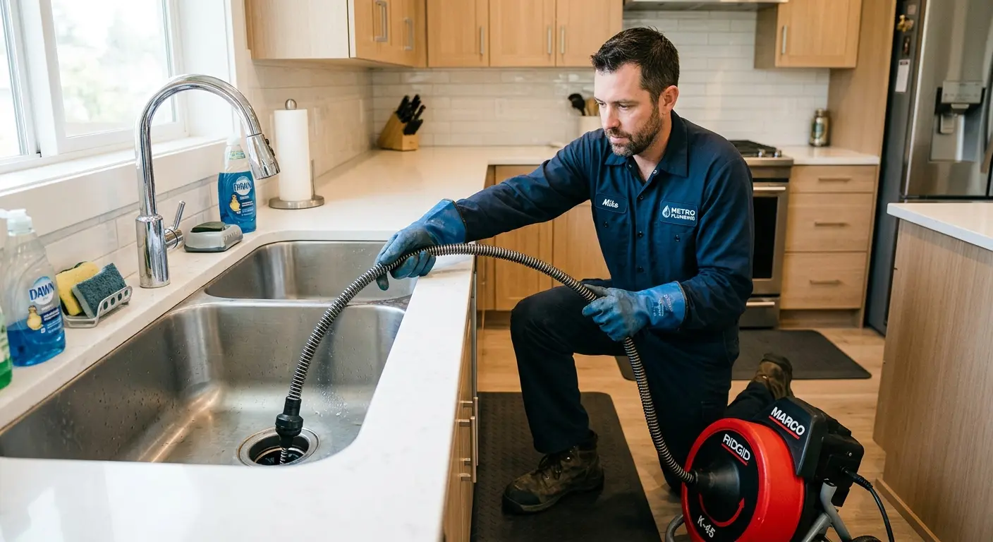 Drain cleaning technician using a motorized snake on a kitchen sink in Lake Stevens