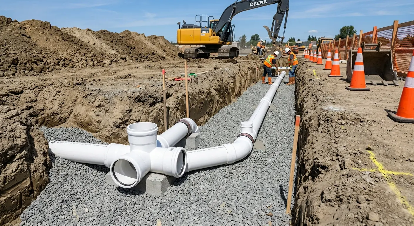 New PVC sewer pipe installation in open trench for Grease Trap Cleaning in Lake Stevens
