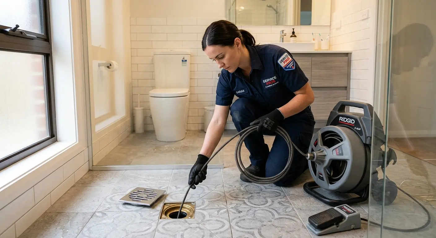 Technician clearing a bathroom floor drain for Hydro Jetting in Lake Stevens